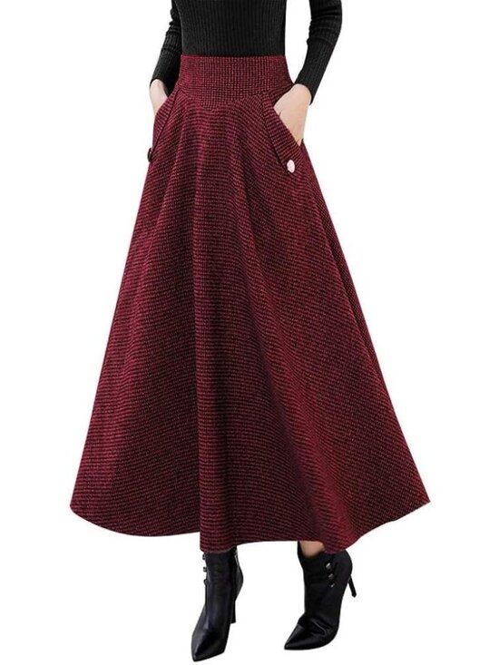 Dresses & Skirts - Women's Black & Wine Red Fall High Waisted Wool Plaid A-line Long Maxi Skirt